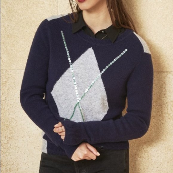 Court & Rowe Brompton Sequin Argyle Bouclé Sweater Ivy League Navy Crush S NWT - Picture 14 of 15